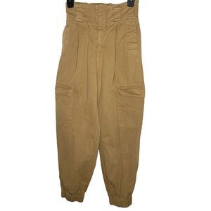 Stradivarius Cargo Jogger Pants Women XS Paperbag Waist Cotton Pleated Camel Tan